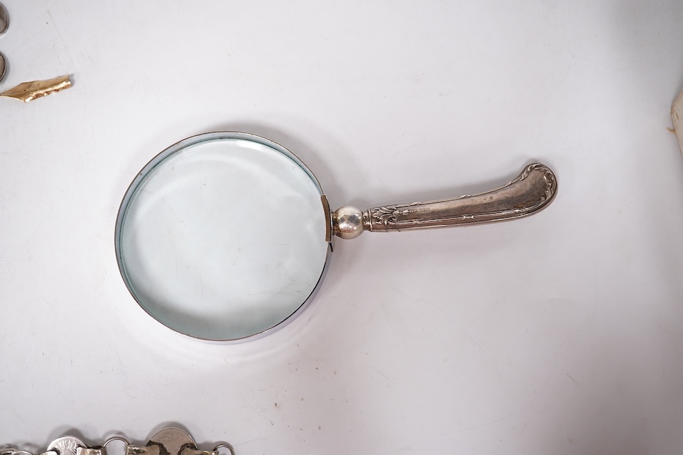 An early 1960's Georg Jensen sterling brooch, no. 339 (designed by Henning Koppel, 58mm, together with a small group of jewellery and other items including a pair of silver oval cufflinks, a Persian coin necklace, a 14ct